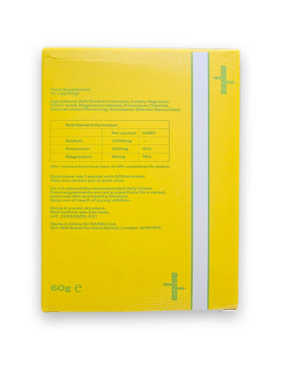 Dansu Reload Rave Electrolytes - Lemonade Salt box, back of pack nutritional info