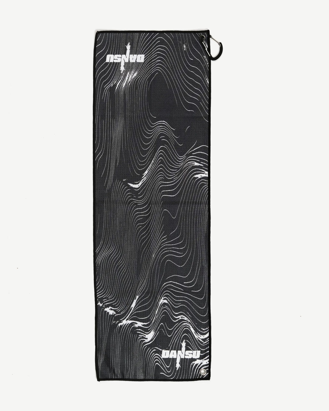 SOUND WAVES rave towel - black microfibre with white contour print, carabiner clip at the top and hanging grommet at the bottom